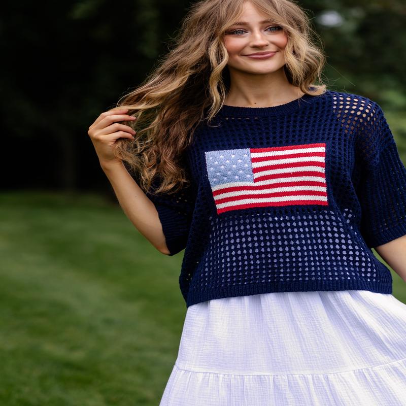 Flag Print Crochet Sweater Top - FINAL SALE