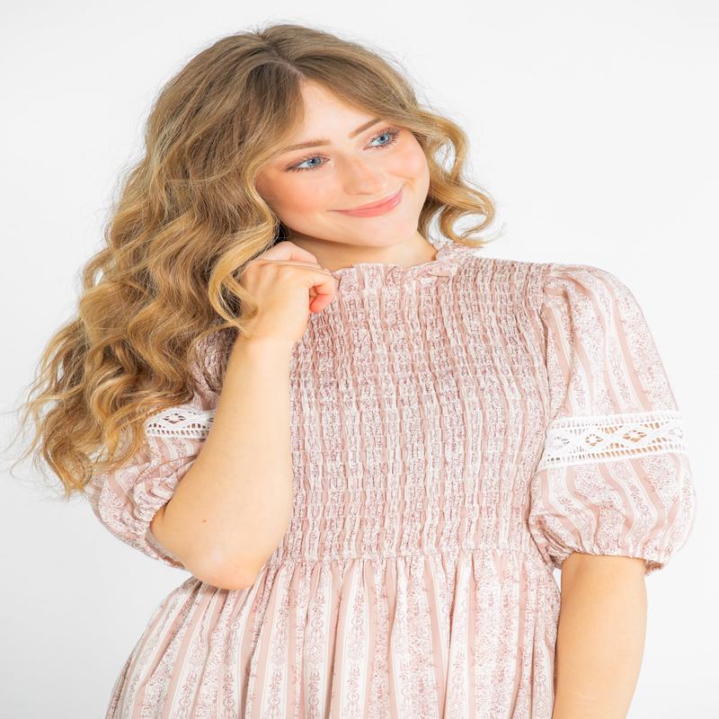 Floral Striped Eyelet Lace Smocked Maxi Dress - FINAL SALE