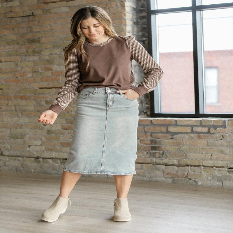 Greta Light Wash Midi Denim Skirt