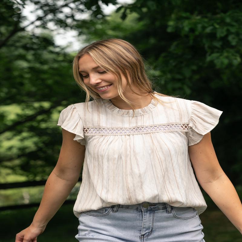 Stripe Lace Trim Ruffle Sleeve Top - FINAL SALE
