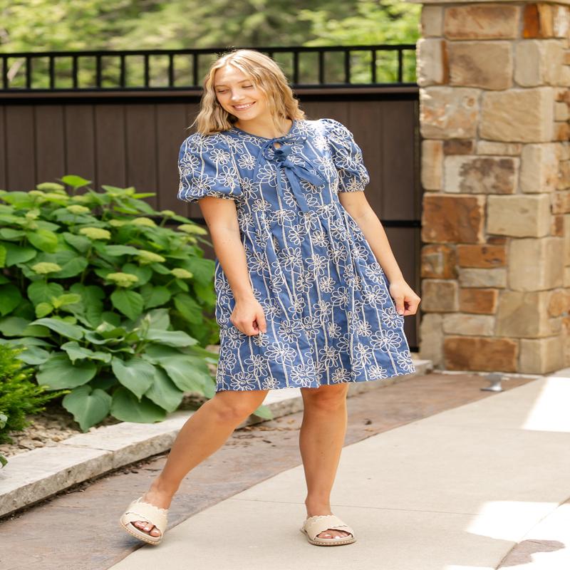 Textured Floral Print Bubble Sleeve Dress - FINAL SALE