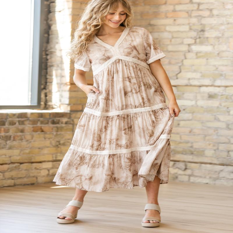 Abstract Print Lace Trimmed V-neck Dress - FINAL SALE