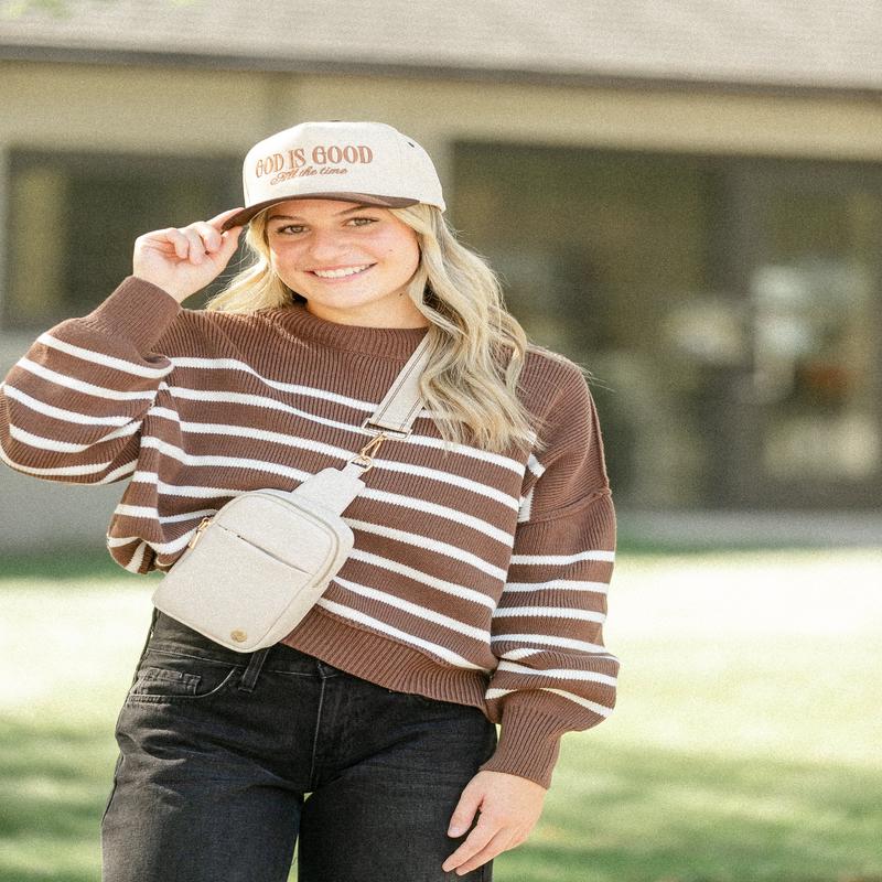 Brown Striped Crewneck Knit Sweater