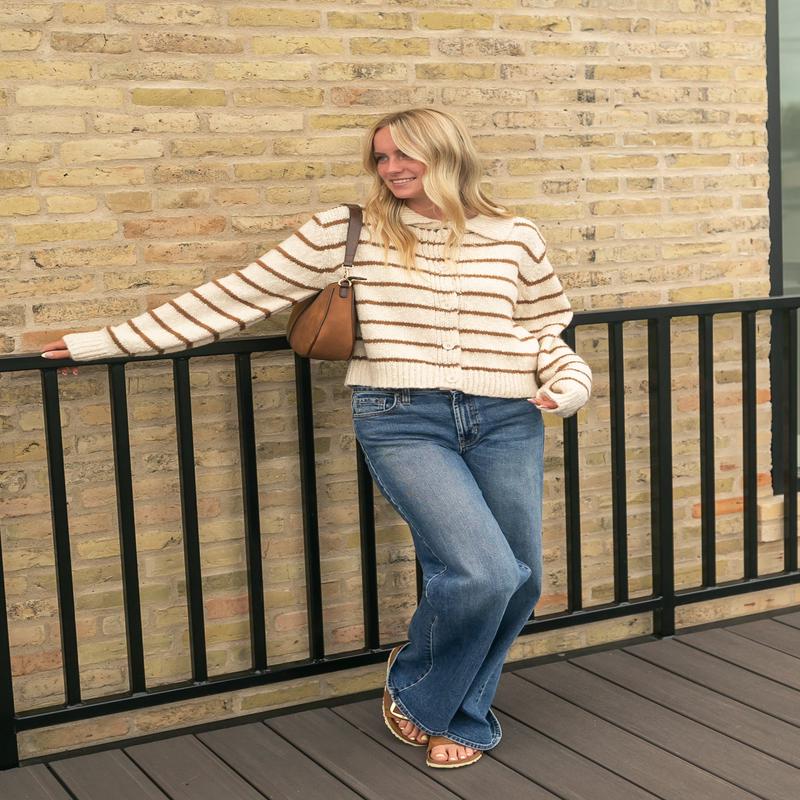 Button Front Striped Collared Cardigan