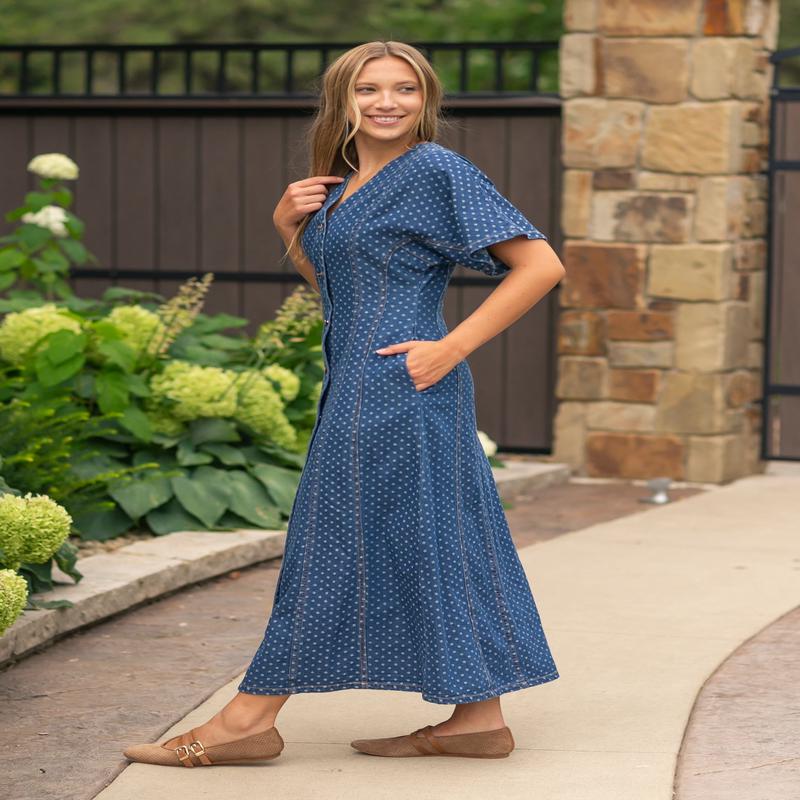 Dot Print Button Front Denim Dress