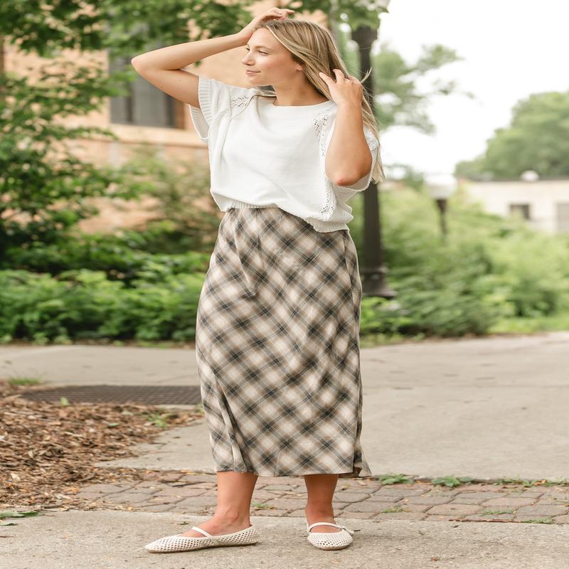 Plaid Print Flowy Midi Skirt