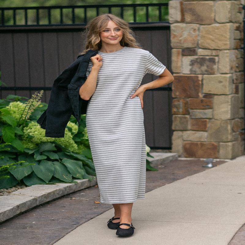 Short Sleeve Gray Striped Knit Dress
