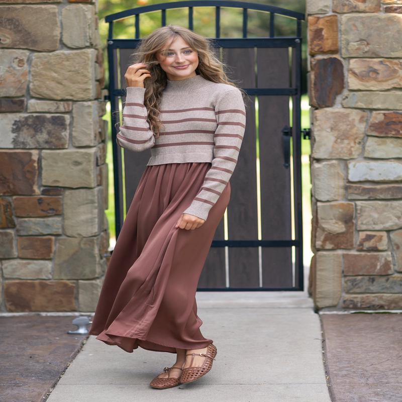 Stripe Knit Top Satin Dress