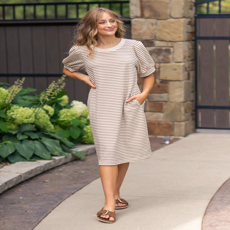 Striped Bubble Sleeve Midi Dress - FINAL SALE