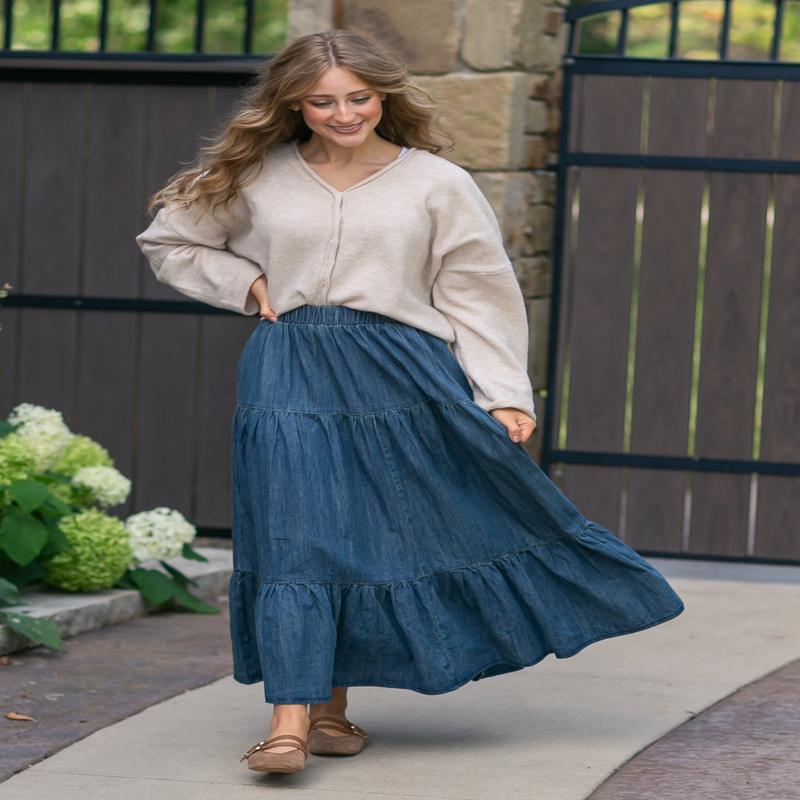Tiered Stretch Waist Denim Skirt