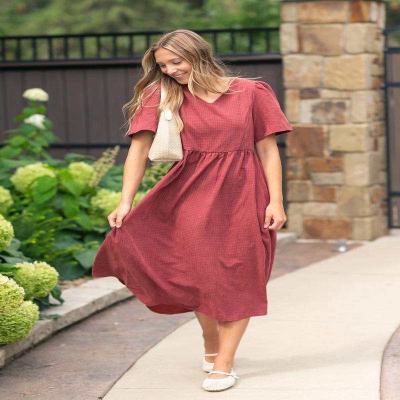 V-neck Gingham Maroon Dress