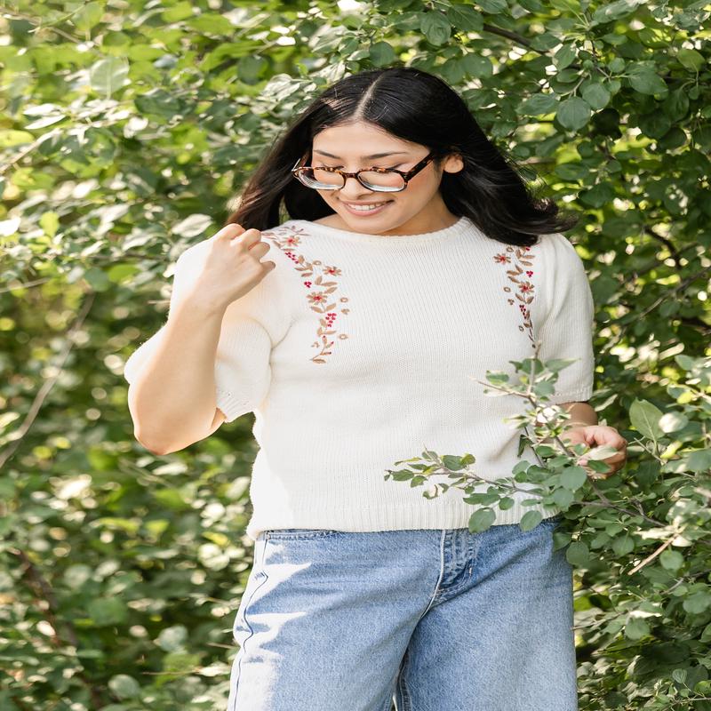Embroidered Floral Short Sleeve Sweater - FINAL SALE