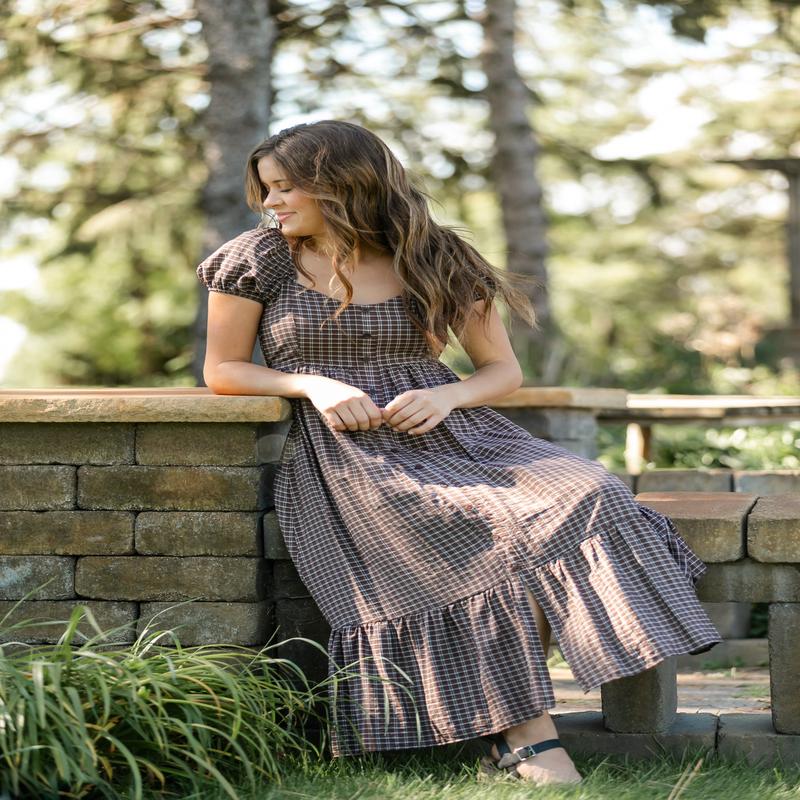 Plaid Puff Sleeve Maxi Dress