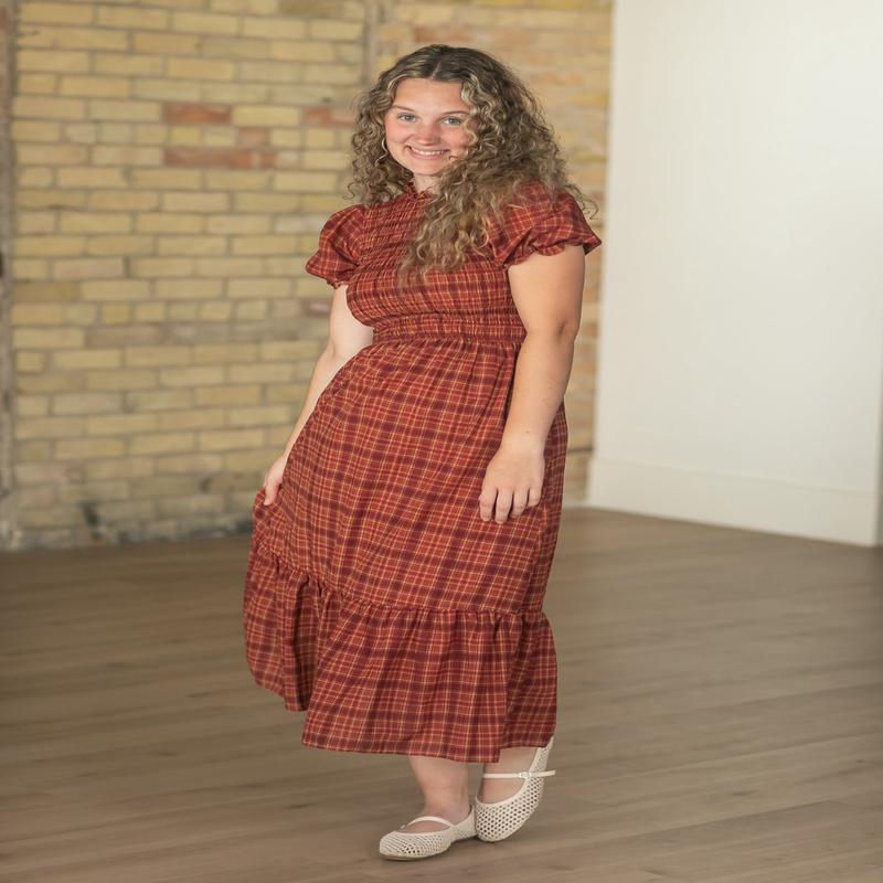 Plaid Short Puff Sleeve Midi Dress