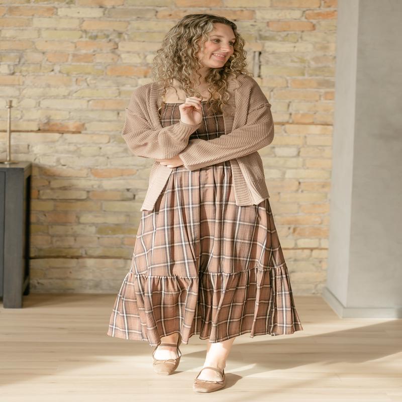 Plaid Smocked Cap Sleeve Midi Dress