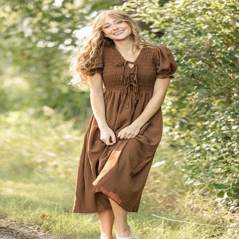 V-neck Smocked Front Tie Midi Dress - FINAL SALE