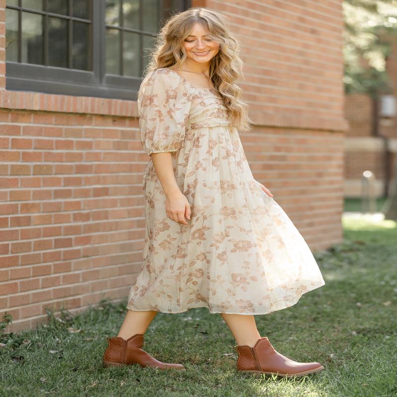 Floral Pleated Bodice Midi Dress