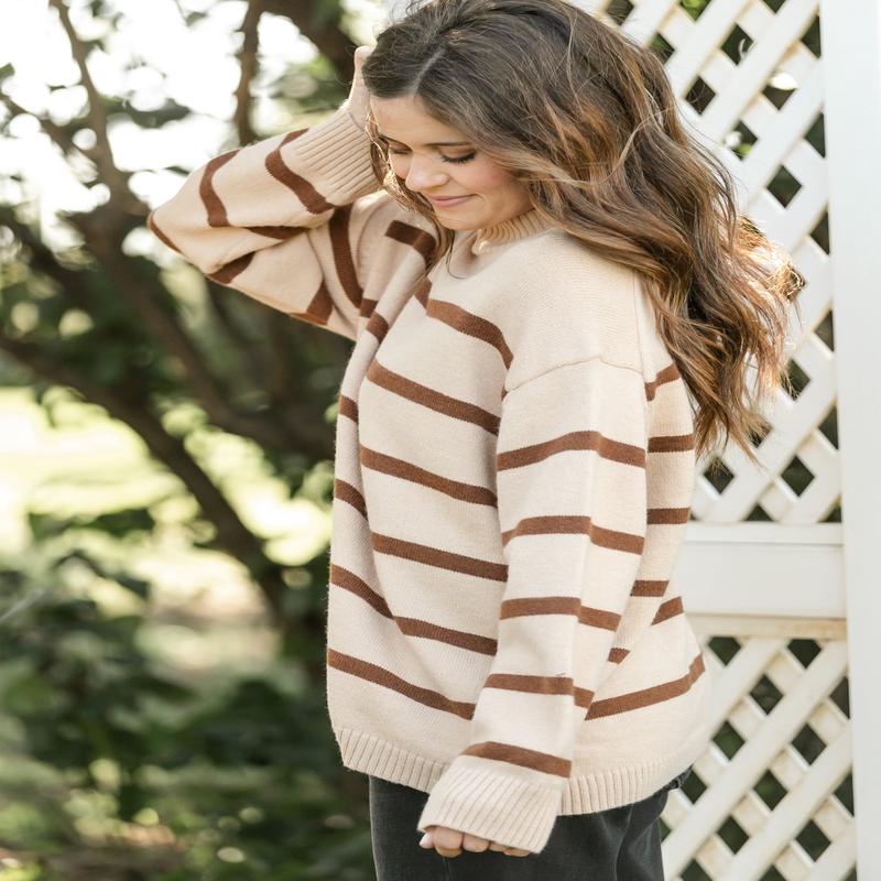 Striped Taupe Turtleneck Sweater