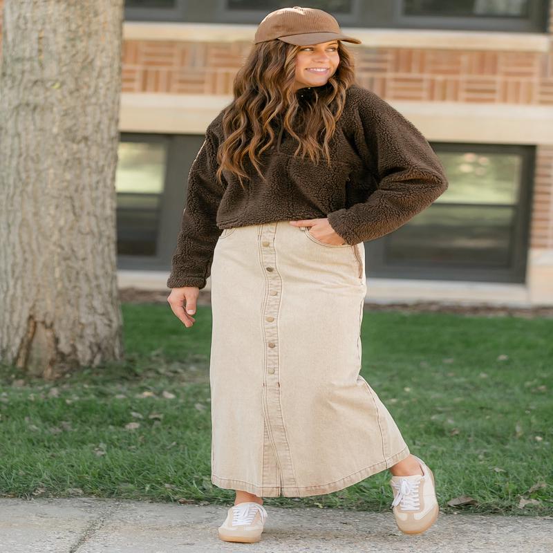 Washed Front Slit Denim Maxi Skirt