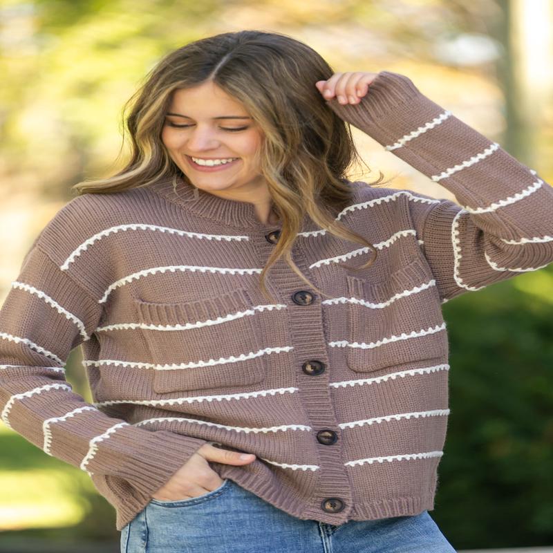 Blanket Stitched Striped Button Down Sweater
