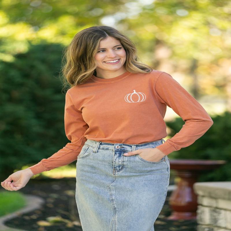 Embroidered Pumpkin Long Sleeve Graphic Tee - FINAL SALE