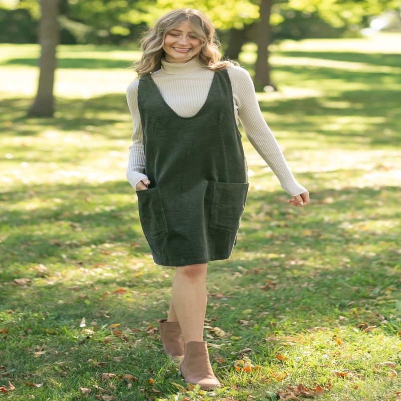 Olive Corduroy Overall Dress