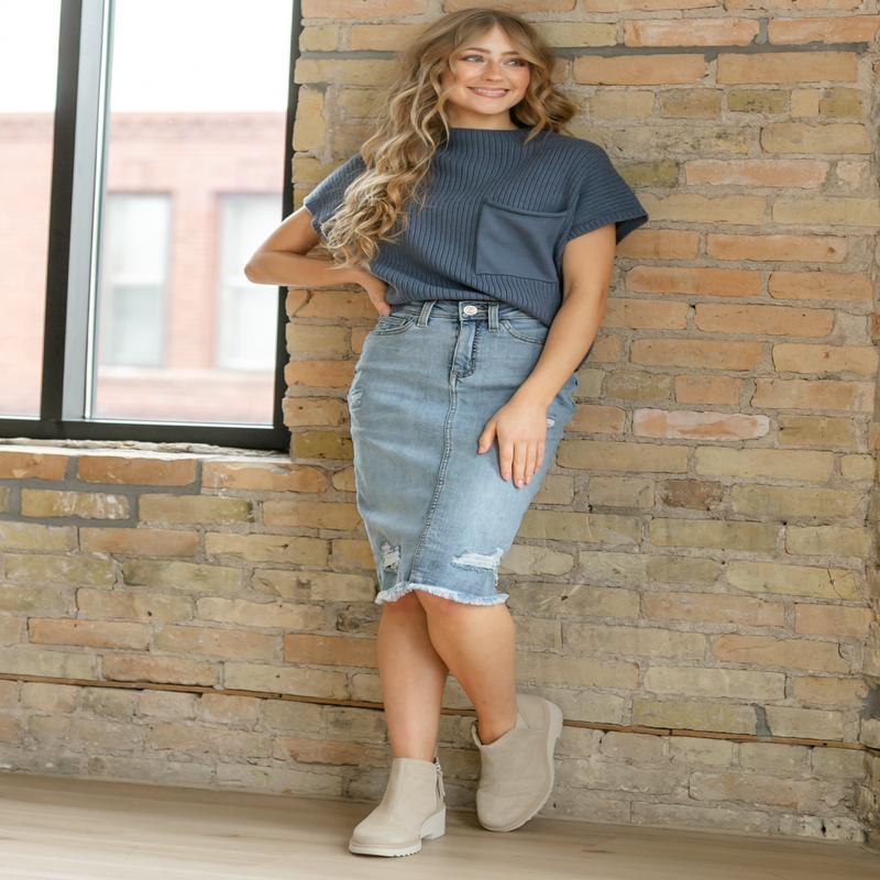 Presley Distressed Denim Midi Skirt