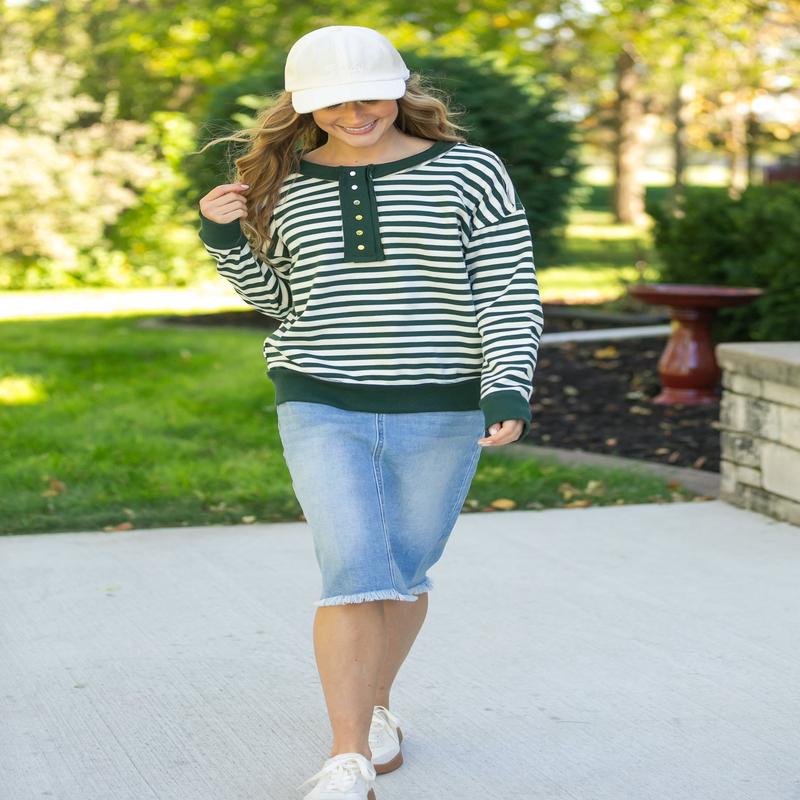 Striped Snap Front Henley Sweatshirt