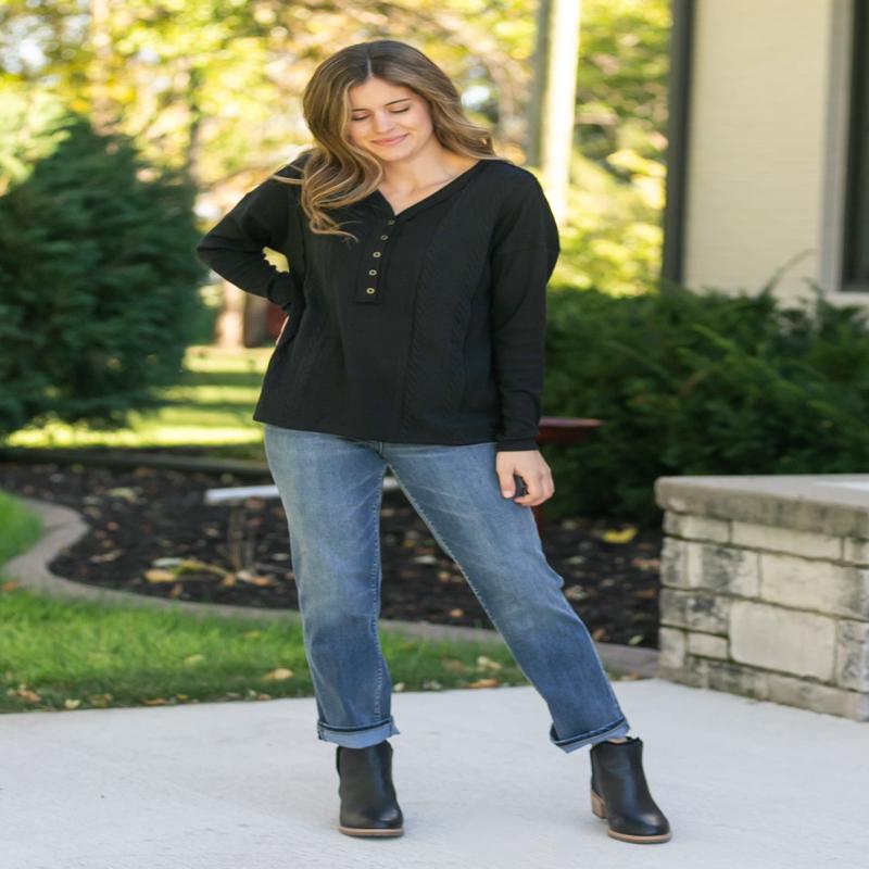 V-Neck Button Down Henley Knit Top