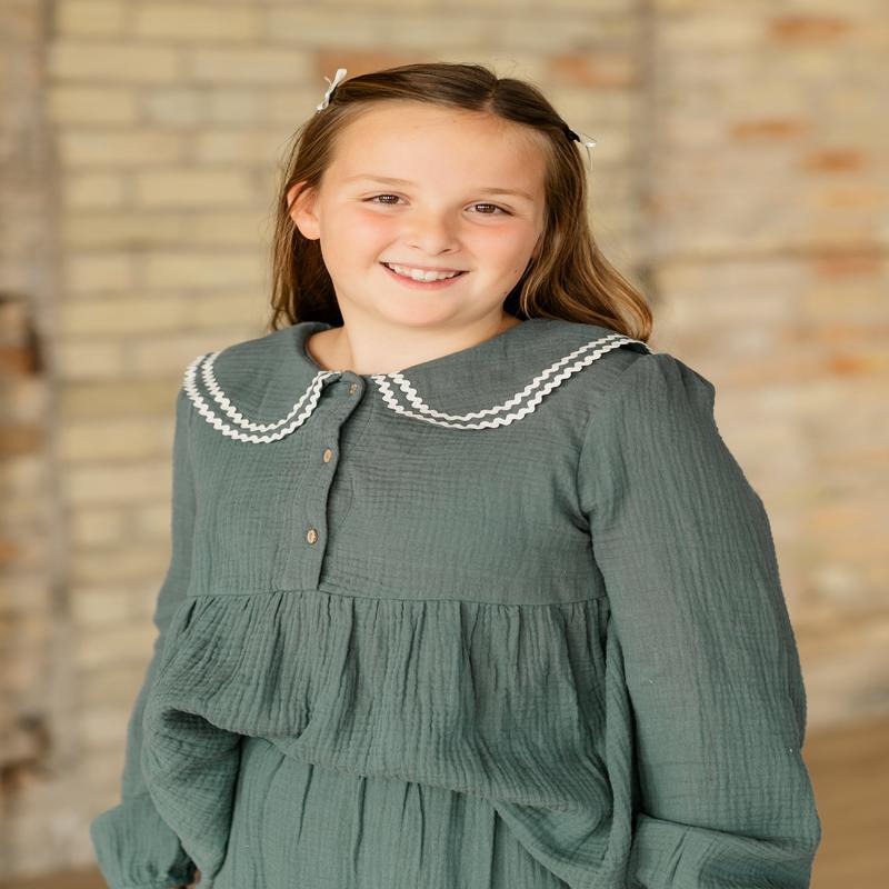 Girl's Peter Pan Collar Green Gauze Cotton Top - FINAL SALE