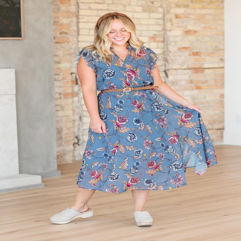 Steve Madden Allegra Blue V-neck Midi Dress - FINAL SALE