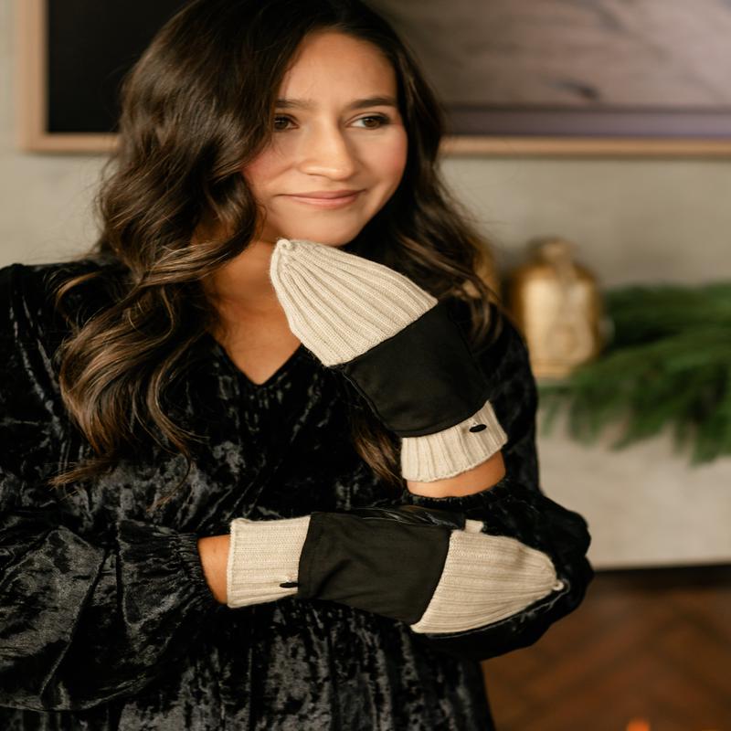 Suede and Leather Wool Knit Flip Mittens - FINAL SALE