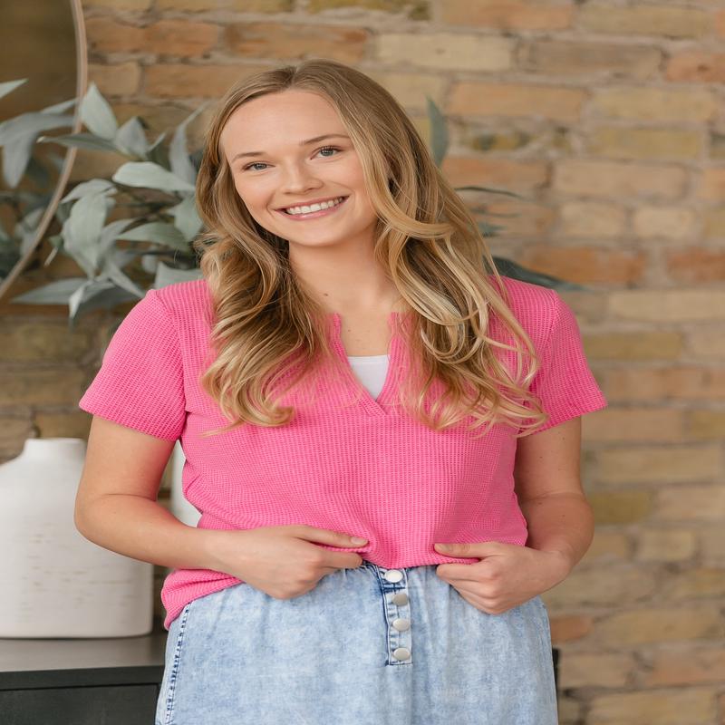 V-neck Waffle Knit Short Sleeve T-shirt - FINAL SALE