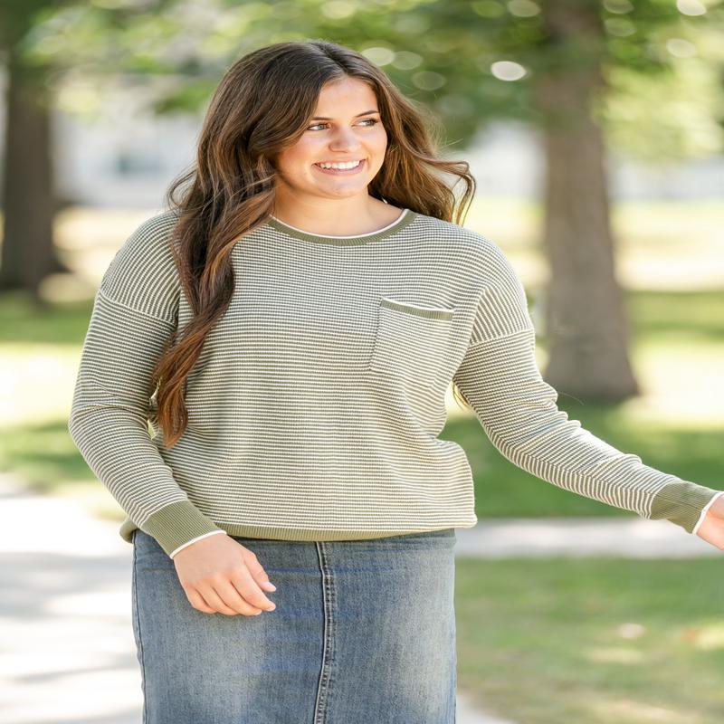 Waffle Knit Crewneck Striped Sweater