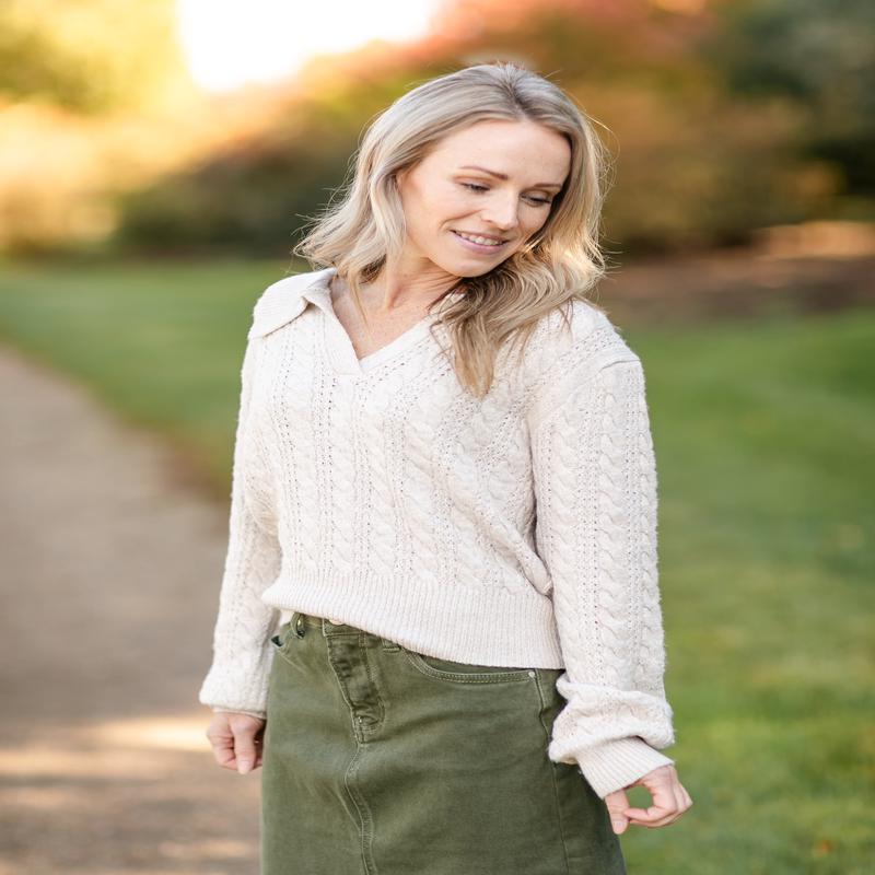 Blythe Cable Knit Polo Heather Oat Sweater - FINAL SALE