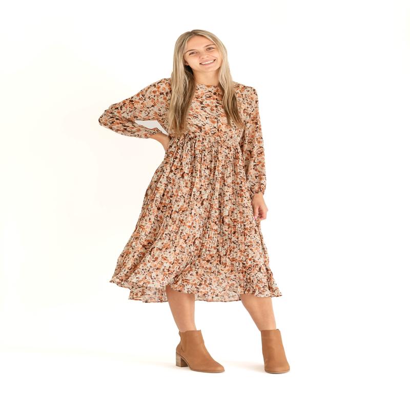 Brown Floral Pleated Midi Dress - FINAL SALE