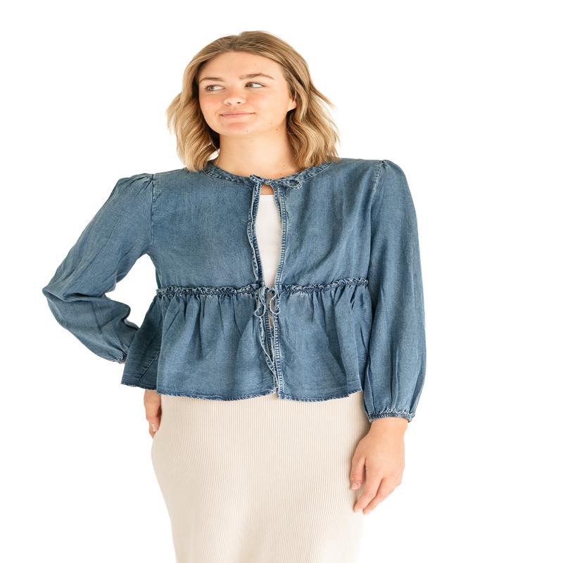 Front Tie Long Sleeve Chambray Top - FINAL SALE