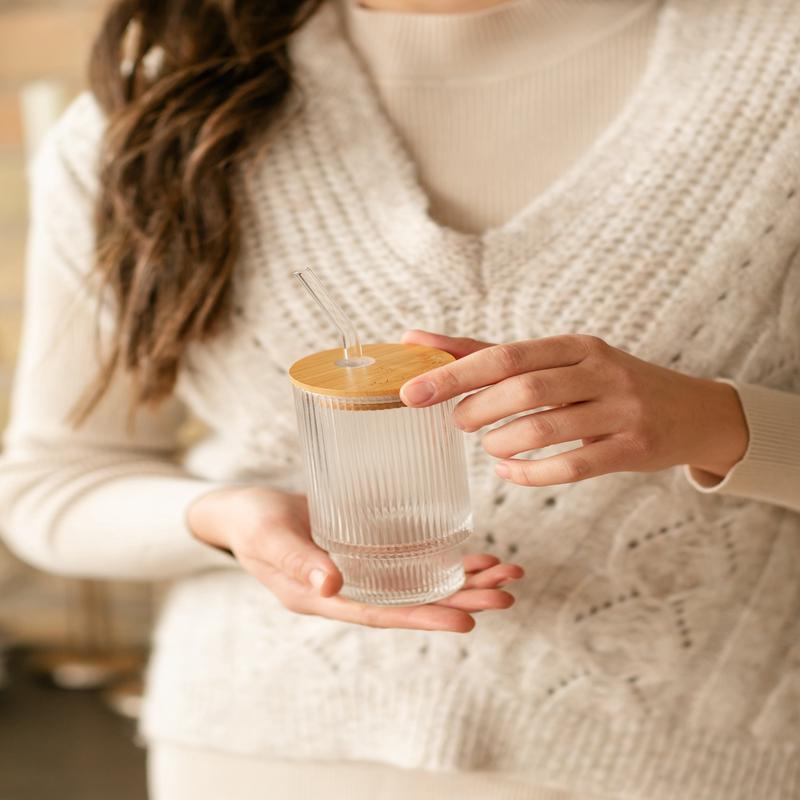 Inherit Fluted Vintage Ripple Glass with Lid + Straw