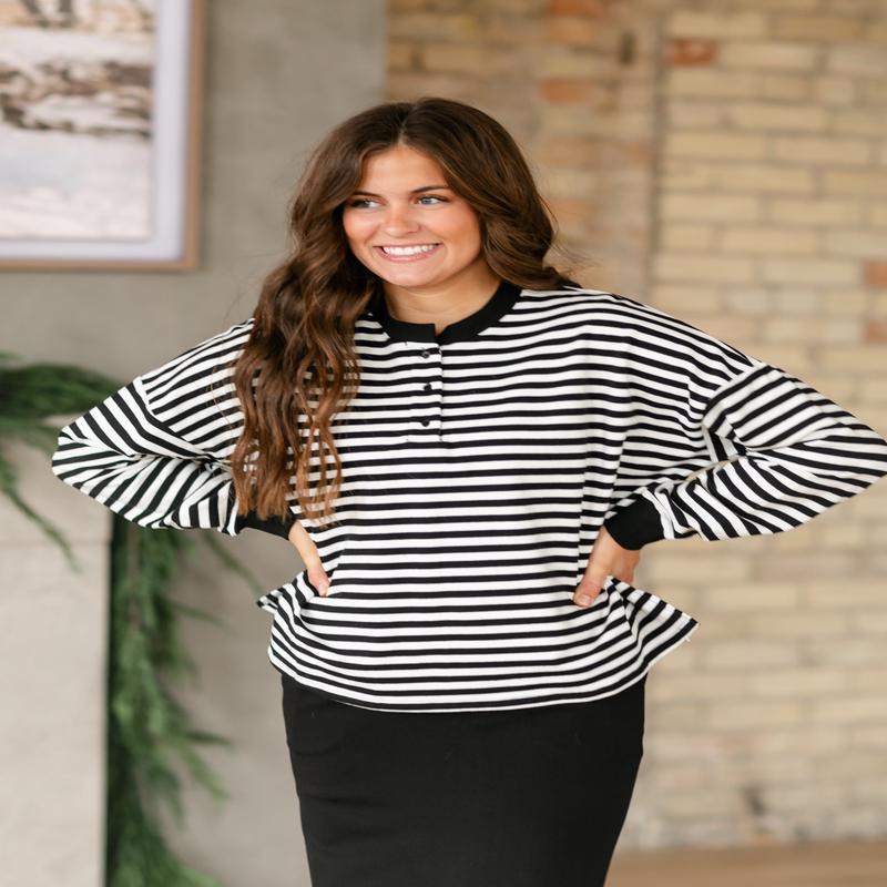 Landon Quarter Button Black Striped Top - FINAL SALE