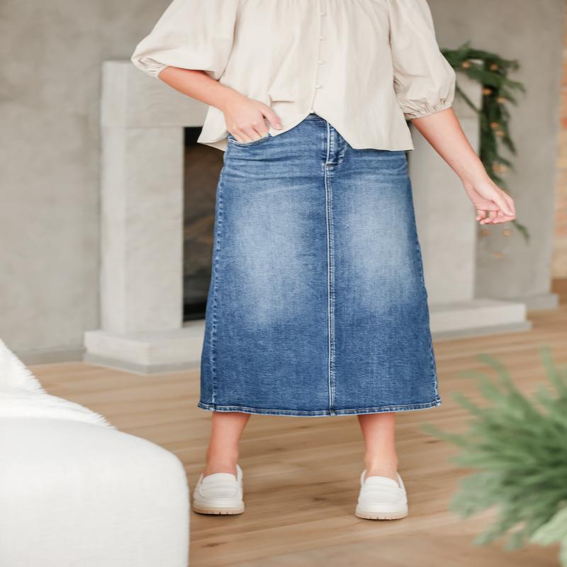 Medium Wash Back Slit Denim Skirt - FINAL SALE