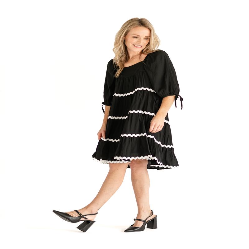 Ricrac Trimmed Tie Sleeve Black Midi Dress - FINAL SALE