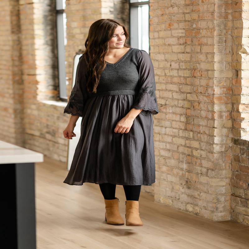 Sweater Mix Embroidered Long Sleeve Midi Dress - FINAL SALE