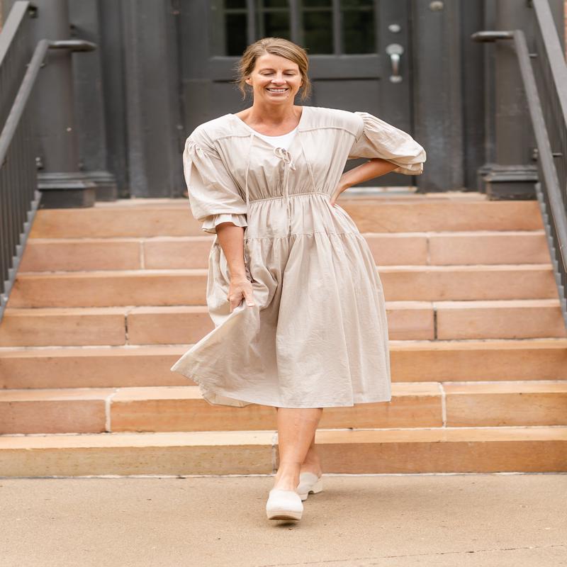 V-neck Puff 3/4 Sleeve Midi Dress - FINAL SALE