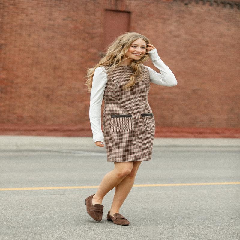 Boat Neck Sleeveless Houndstooth Midi Dress