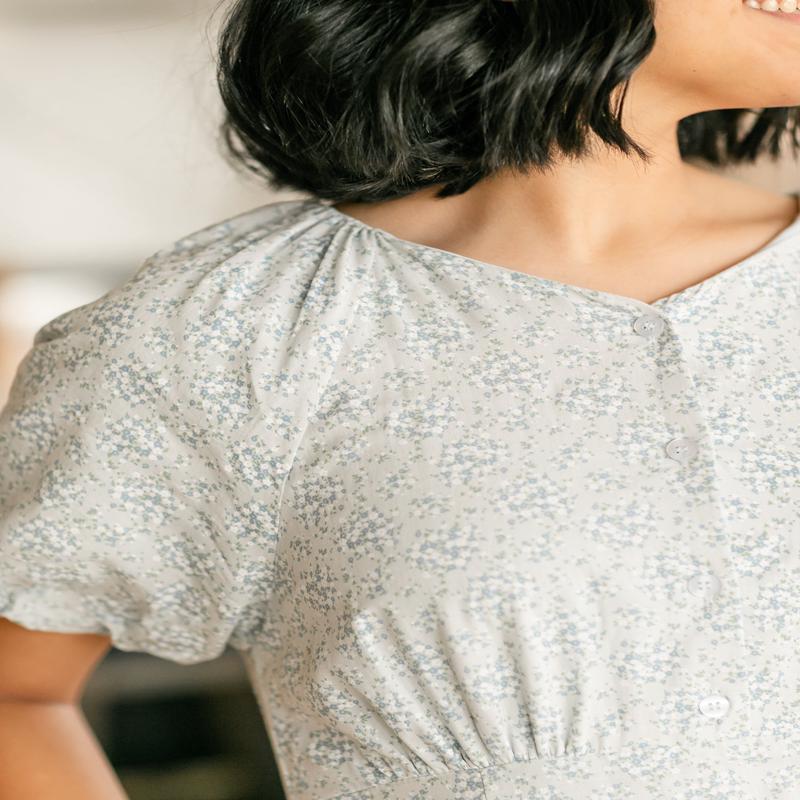 Button Up Puff Sleeve Blue Floral Dress - FINAL SALE