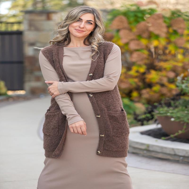 Button Up Teddy Knit Long Vest