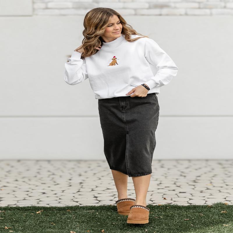 Christmas Dog Embroidered Mockneck Pullover