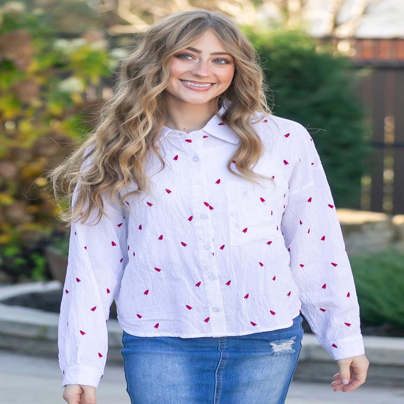 Embroidered Heart Button Down Top