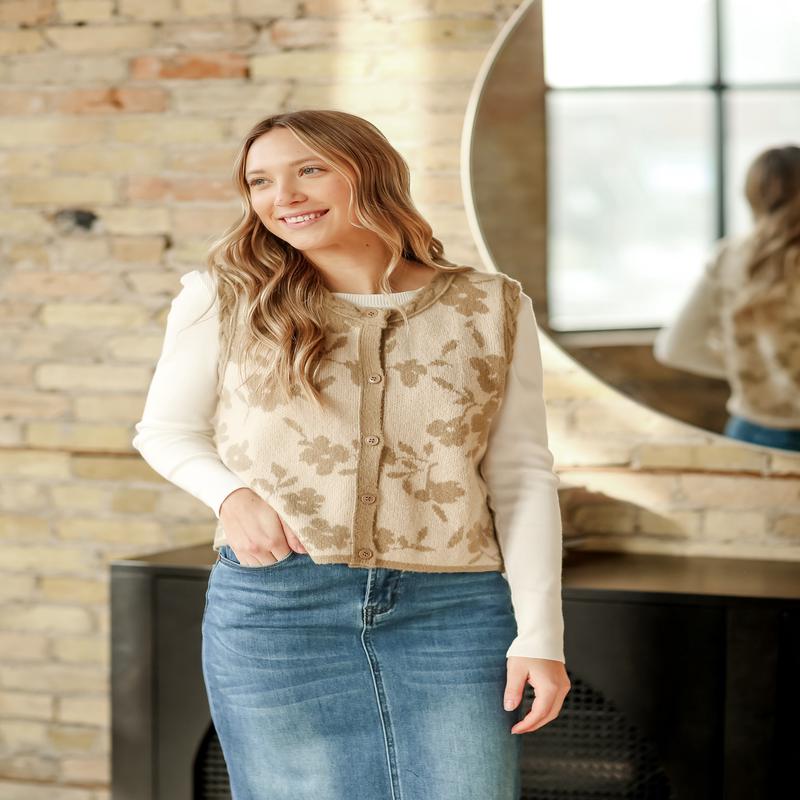 Front Button Floral Taupe Vest - FINAL SALE