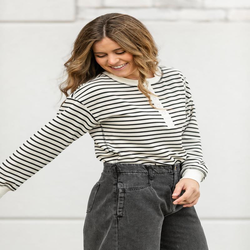 Henley Stripe Snap Knit Top
